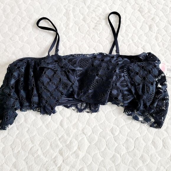 New Kenneth Cole Reaction bikini swimsuit bathingsuit large black flounce lace - Picture 5 of 8